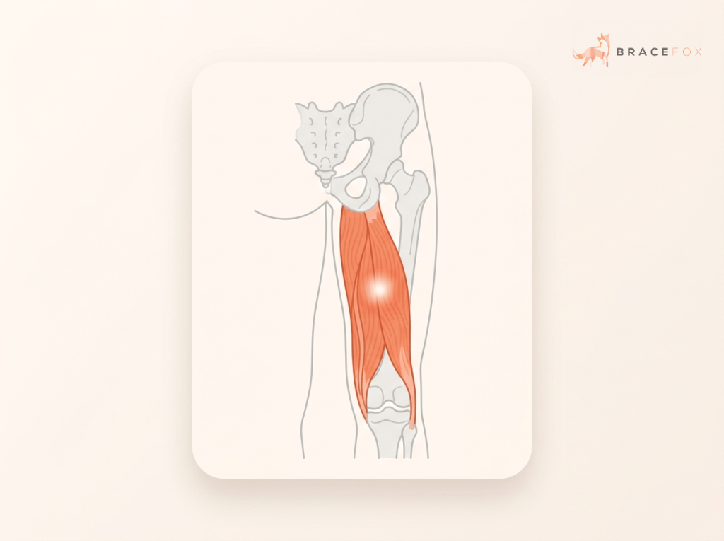 Medizinische Illustration: Hamstringverletzung (hintere Oberschenkelmuskulatur)