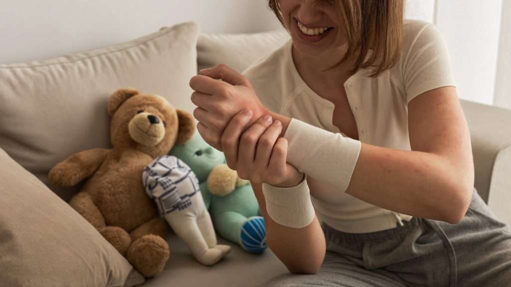 Junge Mutter hält ihr schmerzendes Handgelenk an der Daumenseite wegen einer Sehnenscheidenentzündung