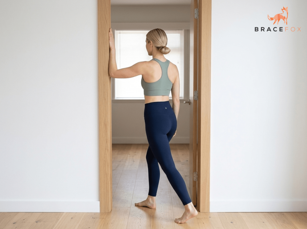 Anna, unsere digitale Physiotherapeutin, zeigt die Übung: Brustmuskeldehnung im Türrahmen