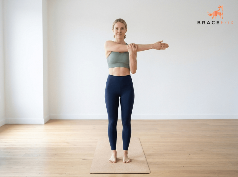 Anna, unsere digitale Physiotherapeutin, zeigt die u00dcbung: Cross-body stretch