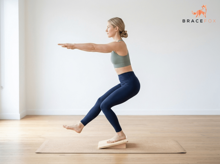 Anna, unsere digitale Physiotherapeutin, zeigt die Übung: Decline Squat (exzentrisch)