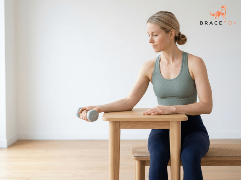 Anna, unsere digitale Physiotherapeutin, zeigt die Übung: Exzentrische Handgelenkflexion