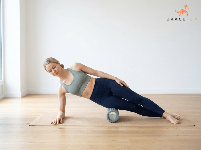 Anna, unsere digitale Physiotherapeutin, zeigt die Übung: Faszienrollen der Oberschenkelaußenseite
