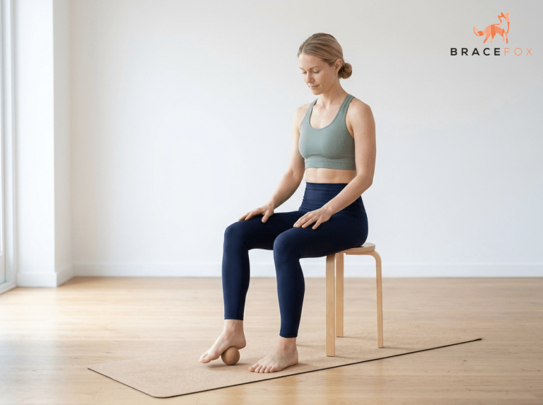 Anna, unsere digitale Physiotherapeutin, zeigt die Übung: Fußsohlenmassage mit Ball
