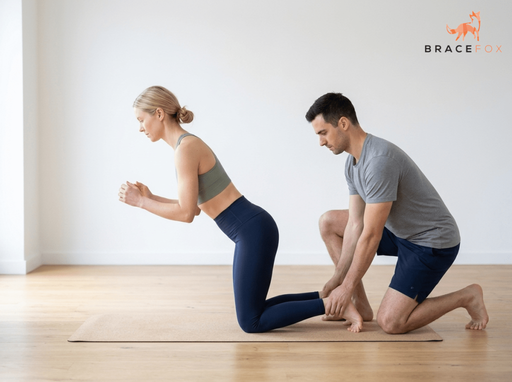 Anna, unsere digitale Physiotherapeutin, zeigt die Übung: Nordic hamstring curl