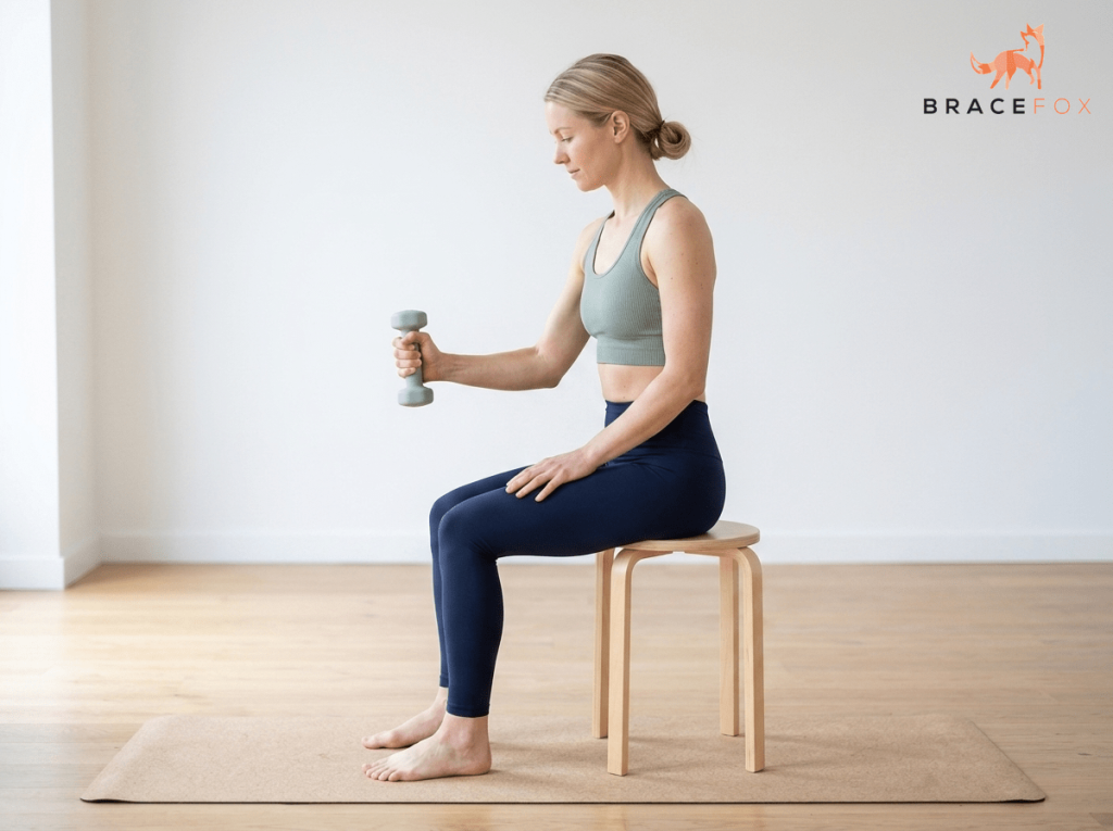 Anna, unsere digitale Physiotherapeutin, zeigt die Übung: Radiale Deviation mit leichtem Gewicht