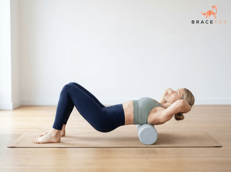 Anna, unsere digitale Physiotherapeutin, zeigt die Übung: Thorakale Extension über der Faszienrolle