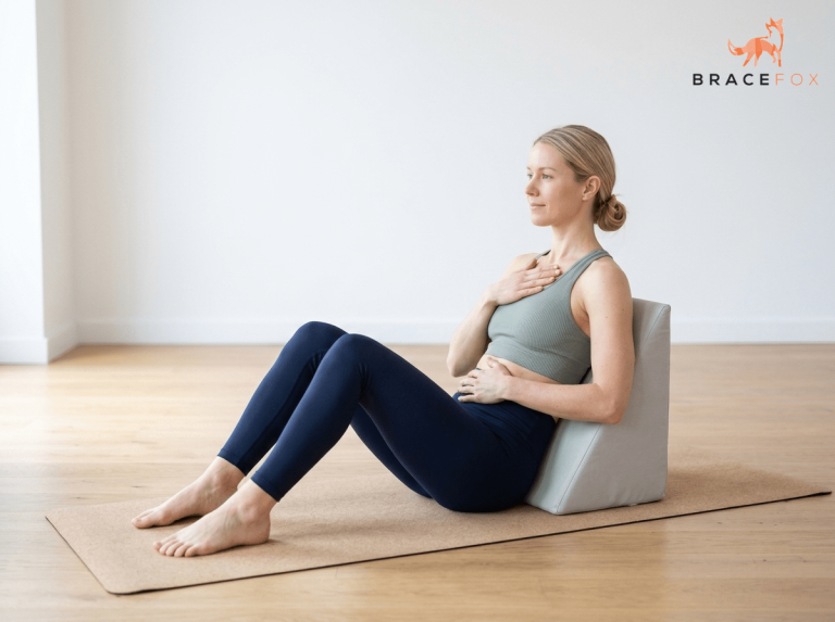 Anna, unsere digitale Physiotherapeutin, zeigt die Übung: Tiefe Bauchatmung