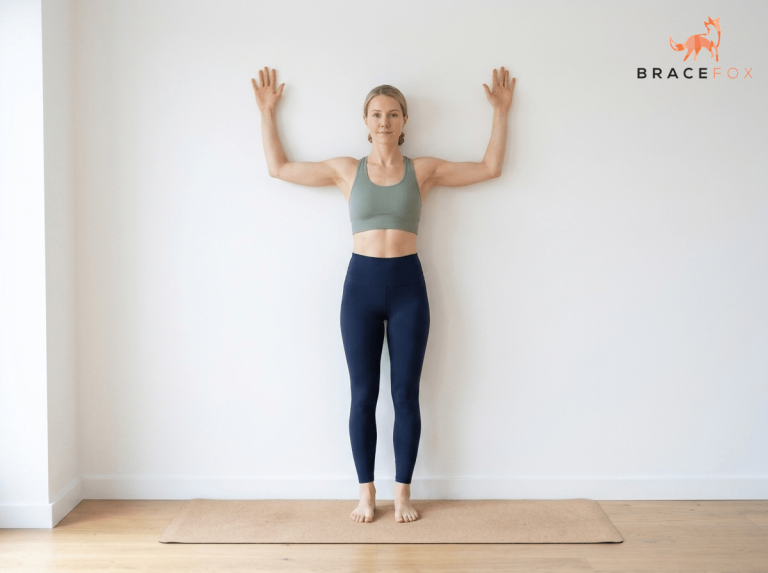 Anna, unsere digitale Physiotherapeutin, zeigt die Übung: Wall angels
