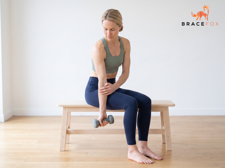 Anna, unsere digitale Physiotherapeutin, zeigt die Übung: Exzentrische Handgelenkstreckung
