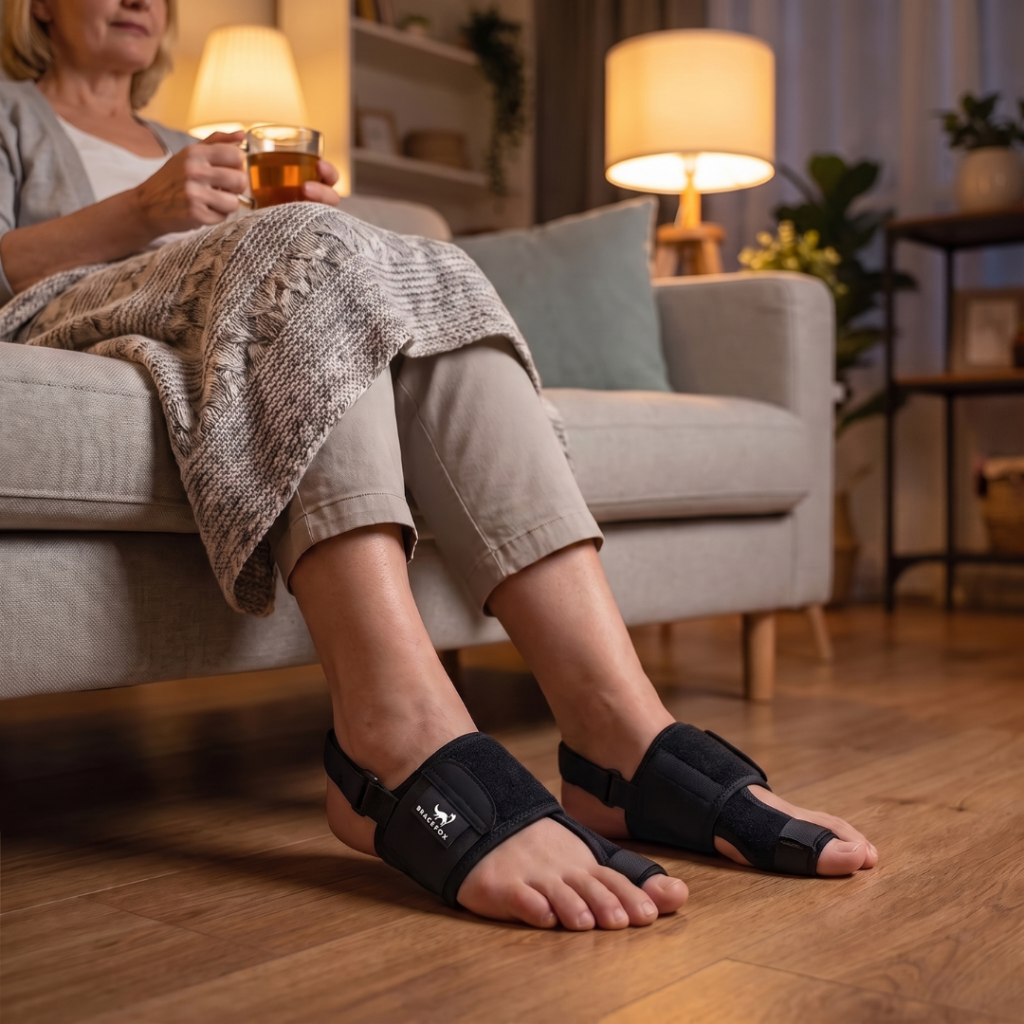 ValgoLox Hallux Valgus Schiene zu Hause auf dem Sofa getragen