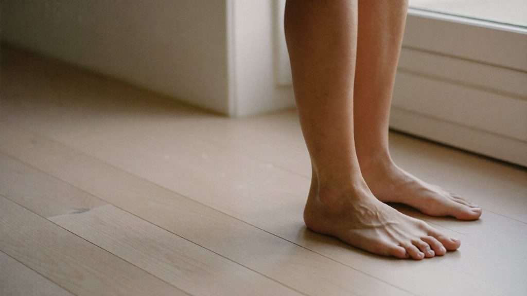 Nackte Füße mit abgesenktem Fußgewölbe auf Holzboden