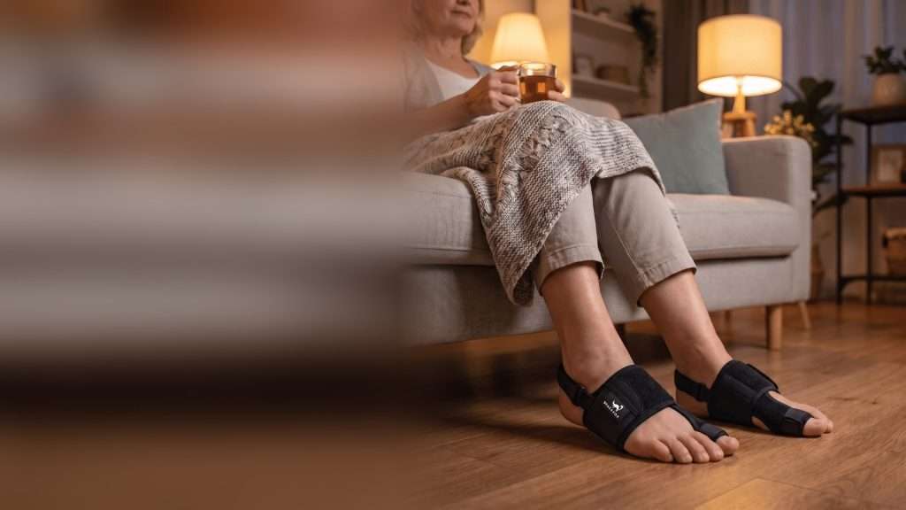 Frau mit Hallux valgus tastet den Ballen neben ihrer Großzehe ab